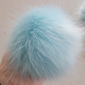 6" Faux fur pom pom, Luxury Baby Blue  Pom Pom long fur , Pom Pom for Hats and Crafts with elastic loop