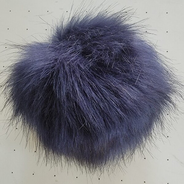 6" Faux fur pom pom, Luxury Dark Blue w/black ends  Pom Pom long fur , Pom Pom for Hats and Crafts with elastic loop