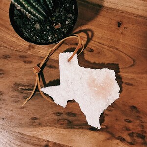 May include: A white, Texas-shaped air freshener with a light pink center, hanging by a brown leather cord. A green cactus in a black pot sits in the background on a wooden surface.
