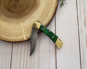 Wood Handle, Damascus Steel Pocket Knife - Gift For Him, Camping, Hunting, Fishing, Groomsmen Gift, Christmas gift for him