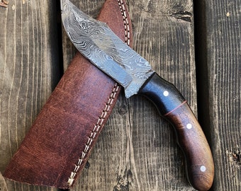 100% Hand Made 9.4" Damascus steel Horn Bolster hunting knife with Rose Wood Handle | Gift for Him | Christmas Gift