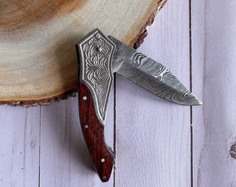 Engraved Brown Wood, Damascus Steel Pocket knife, Wood Handle, Damascus Folding Knife, Pocket Knife - Gift for Him, Christmas Gift