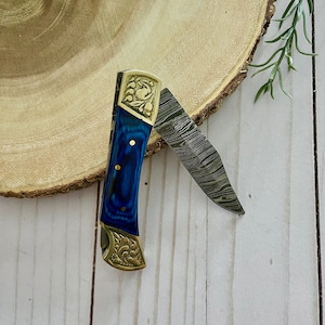 Engraved Damascus Steel Fancy Folding Pocket Knife with Leather Sheath, Gift For Him, Christmas gift for him