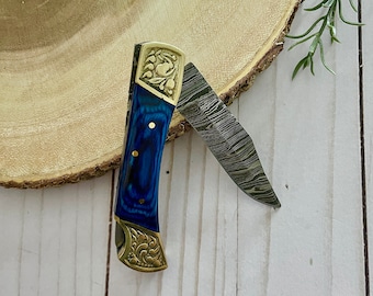 Engraved Damascus Steel Fancy Folding Pocket Knife with Leather Sheath, Gift For Him, Christmas gift for him