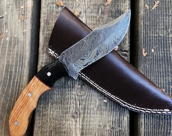 100% Hand Made 9.4" Damascus steel Horn Bolster hunting knife with Olive Wood Handle | Gift for Him | Christmas Gift