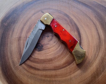 Red Handmade Damascus Steel Folding Pocket Knife | Gift For Him | Camping, Hunting, Fishing | Christmas Gift for Him