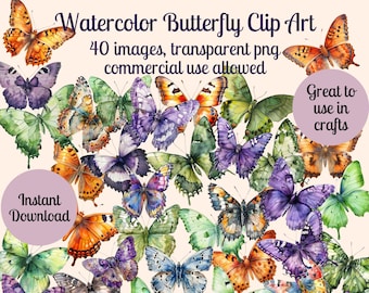 Watercolor Butterfly Clip Art, 40 transparent png images, 300 dpi, Commercial Use