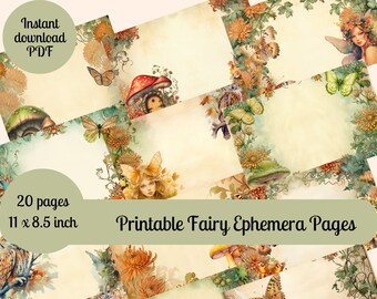 May include: Printable fairy ephemera pages with 20 pages, each measuring 11 x 8.5 inches. The pages feature a whimsical fairy theme with illustrations of fairies, mushrooms, butterflies, and flowers in shades of brown, green, and yellow.