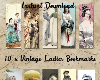Printable 10 x Vintage Ladies Themed Bookmarks, Instant Download