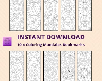 Printable 10 x Mandala Coloring Bookmarks, Instant Download PDF/PNG