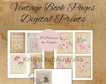 May include: Ten vintage book pages with floral illustrations and text. The pages are arranged in a grid with a title that reads "Vintage Book Pages Digital Prints".