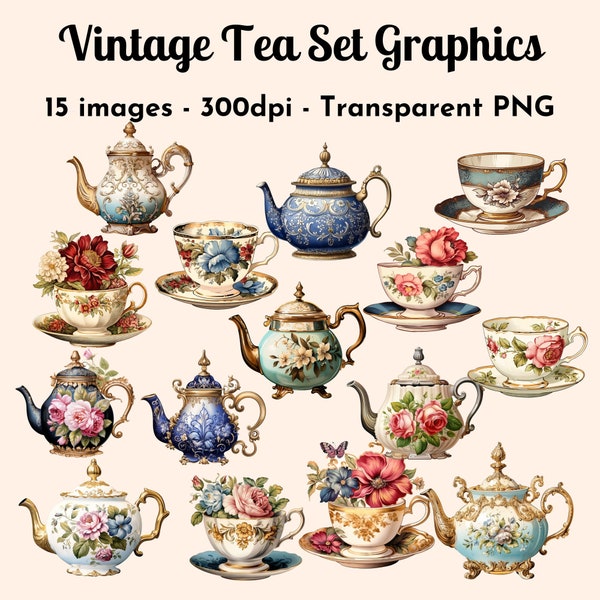 Vintage Tea Set Clip Art, 15 transparent png images, 300 dpi, Commercial Use Allowed