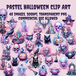 Pastel Watercolor Halloween Clip Art, 40 transparent png images, 300 dpi, Commercial Use Allowed
