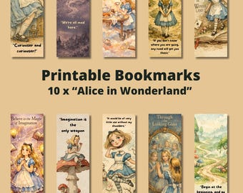 Printable 10 x "Alice in Wonderland" theme Bookmarks, Instant Download PDF/PNG