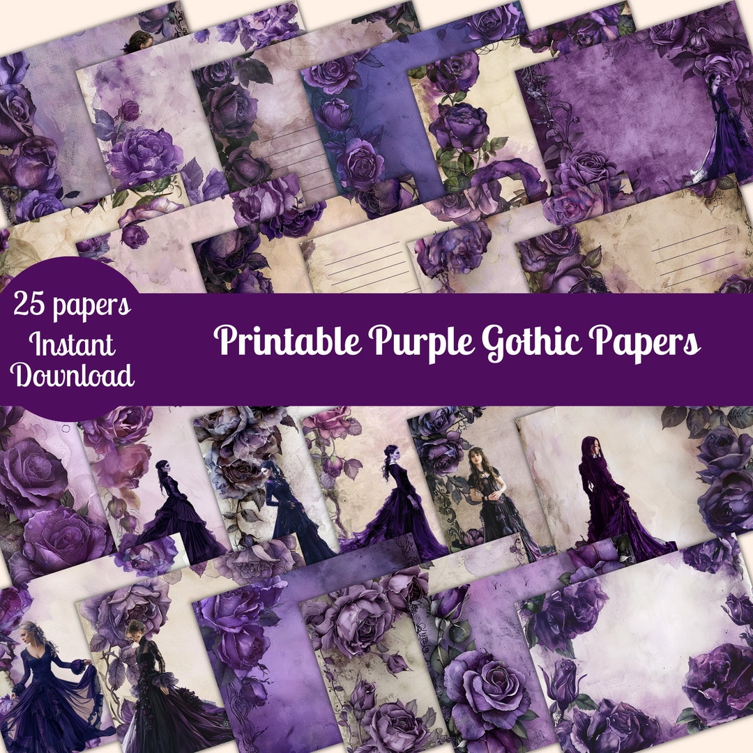 Purple Phone Paper.pdf Printable Purple Gothic Roses Paper Pack, 25 Scrapbook Junk Journal ...