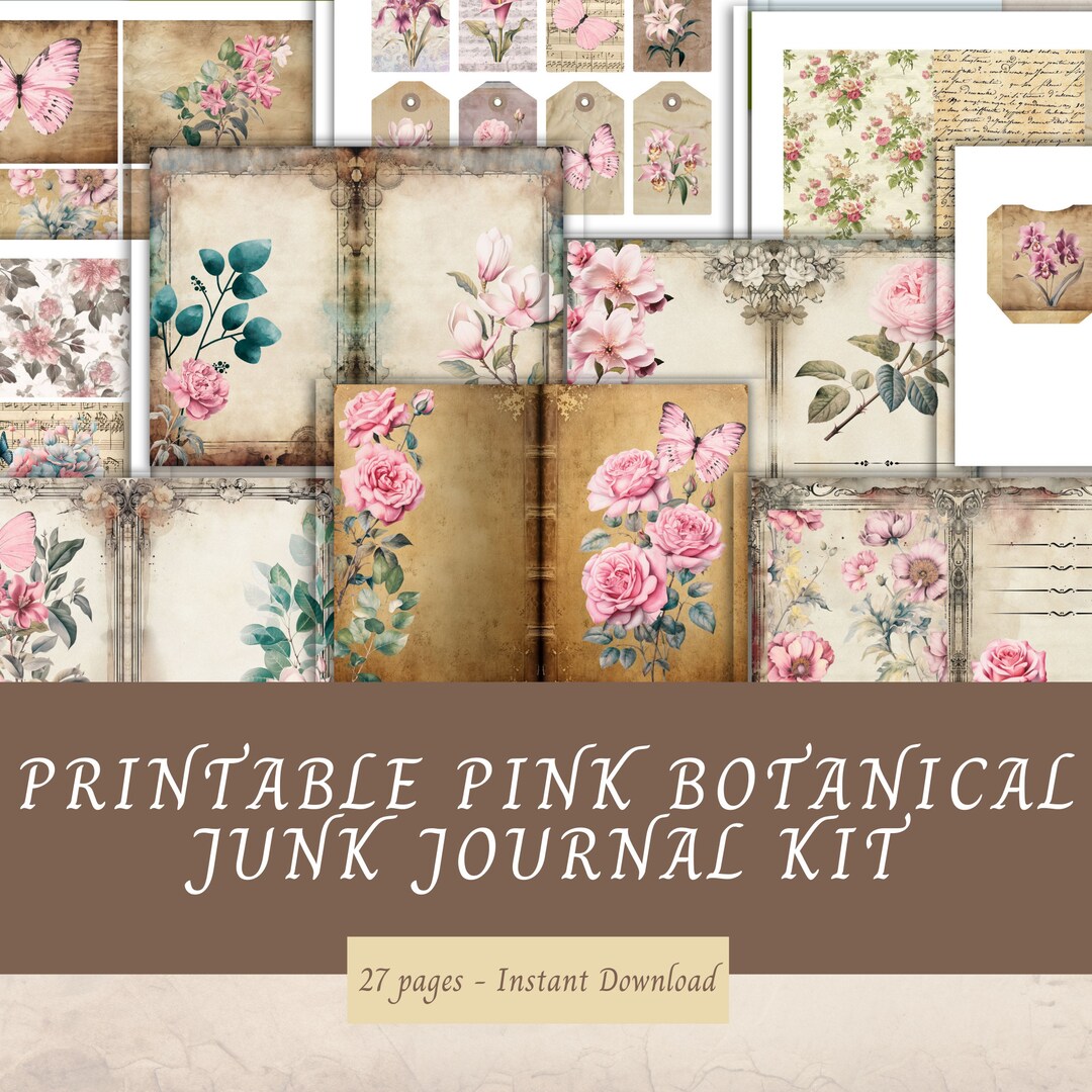 Printable Vintage Botanical Junk Journal Kit, Pink Theme, 27 Pages ...