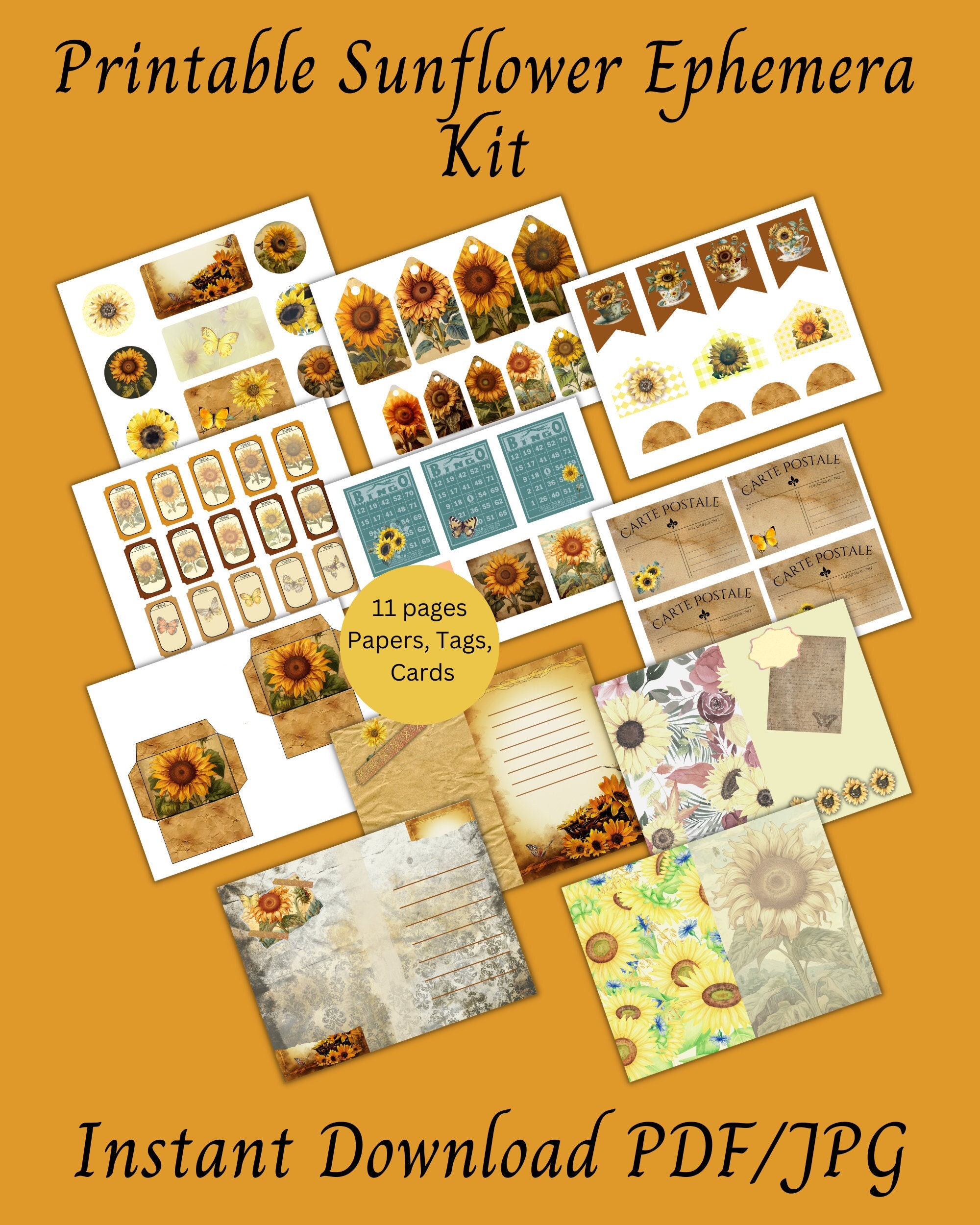 Printable Sunflower Ephemera Kit Download Junk Journal Paper Craft ...