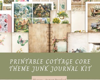 May include: Printable cottage core themed junk journal kit with 27 pages. The kit features images of cottages, flowers, butterflies, and other cottagecore elements. The pages are designed to be used for journaling, scrapbooking, or other creative projects.