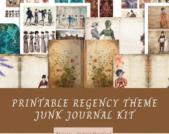 Afdrukbare Regency Theme Junk Journal Kit, 27 pagina's, boekomslag, papers, kortstondige, JPG instant download
