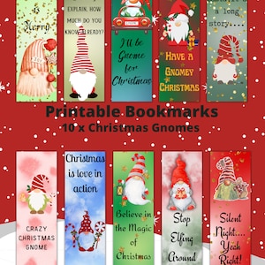 Printable 10 x Christmas Gnomes Bookmarks, Instant Download PDF