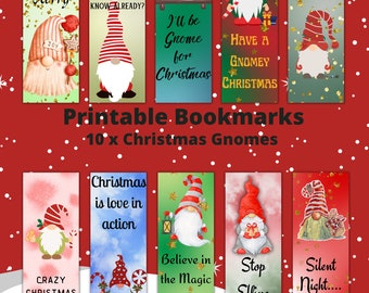 Printable 10 x Christmas Gnomes Bookmarks, Instant Download PDF