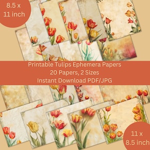 Printable Tulip Paper Pack, 20 Scrapbook Junk Journal Background Papers, landscape and portrait, Instant Download PDF/JPG