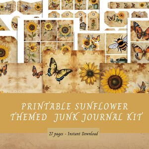 Printable Sunflower Themed Junk Journal Kit, Pink theme, 27 Pages, Book Cover, Papers, Ephemera, Instant Download JPG
