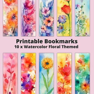 Printable 10 x Watercolor Floral Themed Bookmarks, Instant Download PDF/PNG