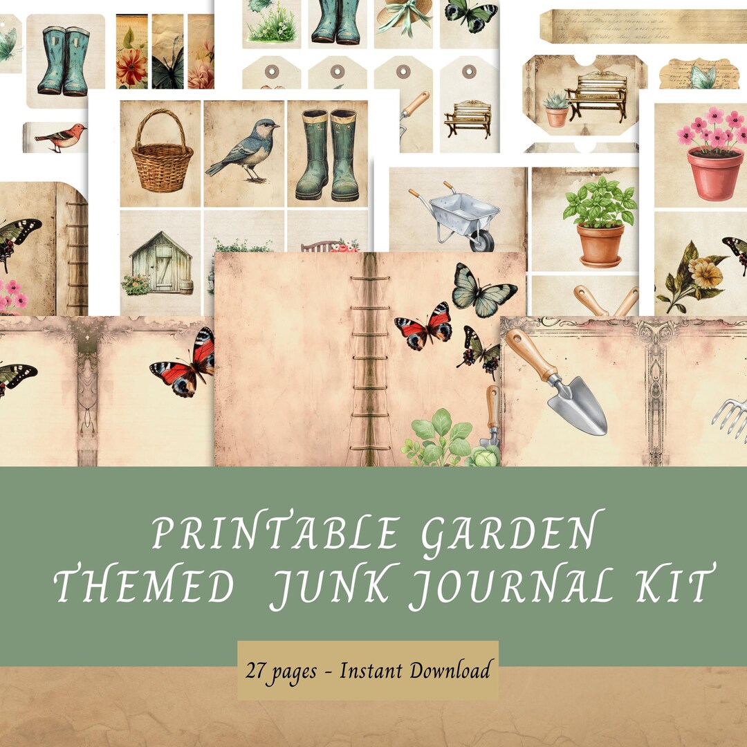 Printable Garden Theme Junk Journal Kit, 27 Pages, Book Cover, Papers ...