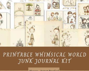 Zestaw do druku dziennika „Whimsical Theme Junk Journal”, 27 stron, dokumenty, efemerydy, natychmiastowe pobranie pliku JPG