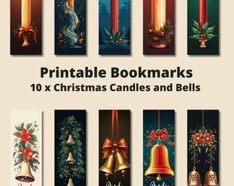 Printable 10 x Christmas Candles and Bells Bookmarks, Instant Download PDF/PNG