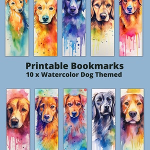 Printable 10 x Watercolor Dog Themed Bookmarks, Instant Download PDF/PNG