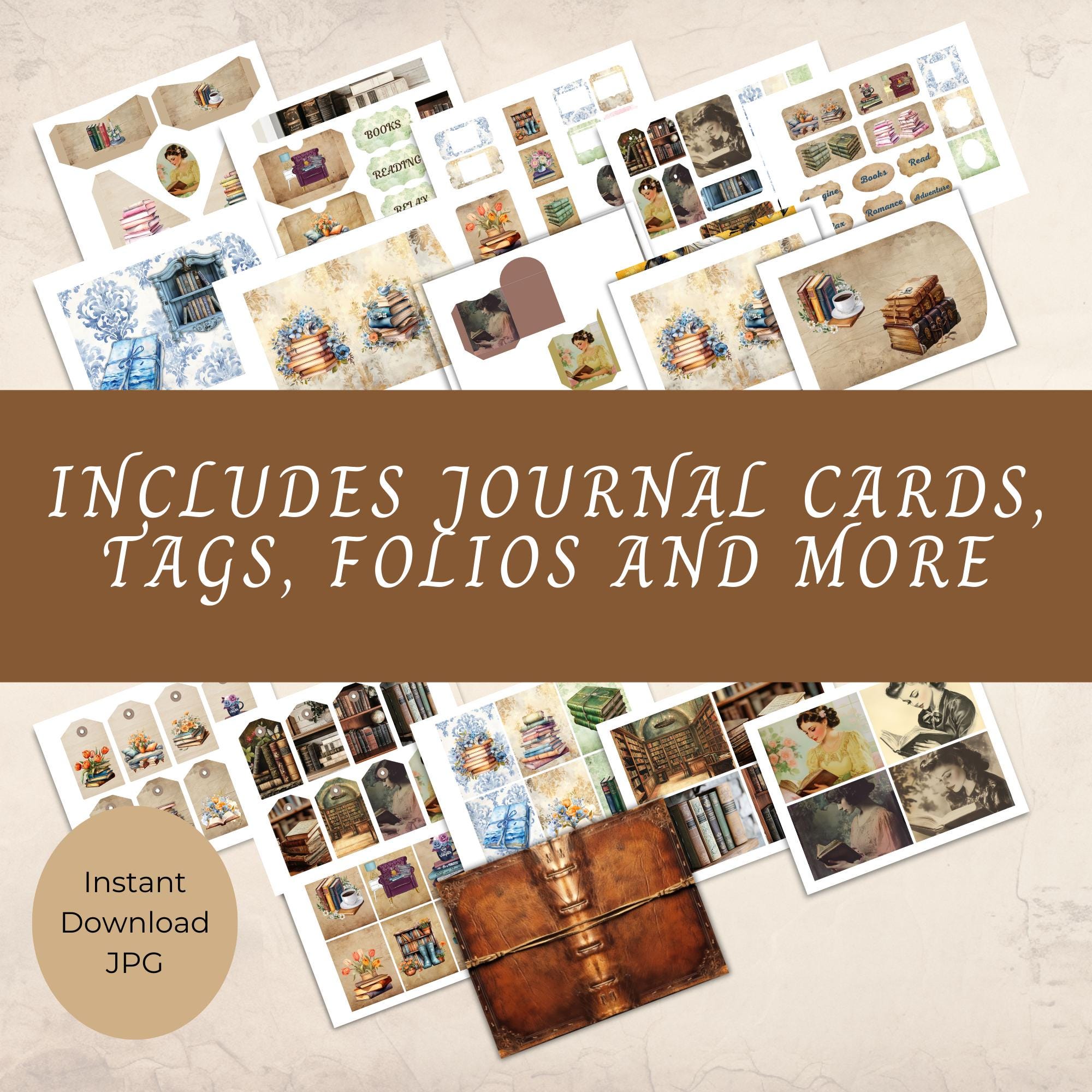 Printable Book Themed Junk Journal Kit, 27 Pages, Book Cover, Papers ...