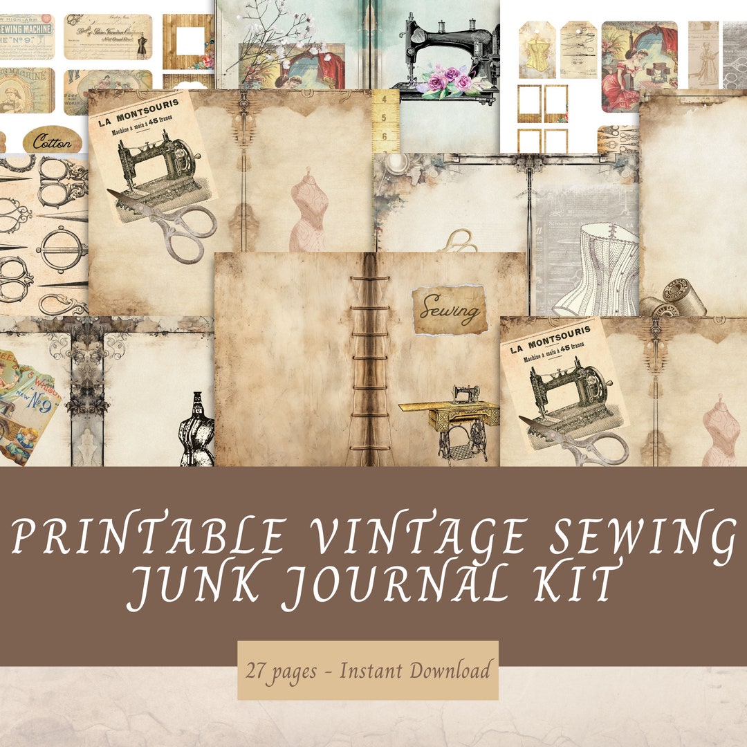 Printable Vintage Sewing Junk Journal Kit, 27 Pages, Book Cover, Papers ...