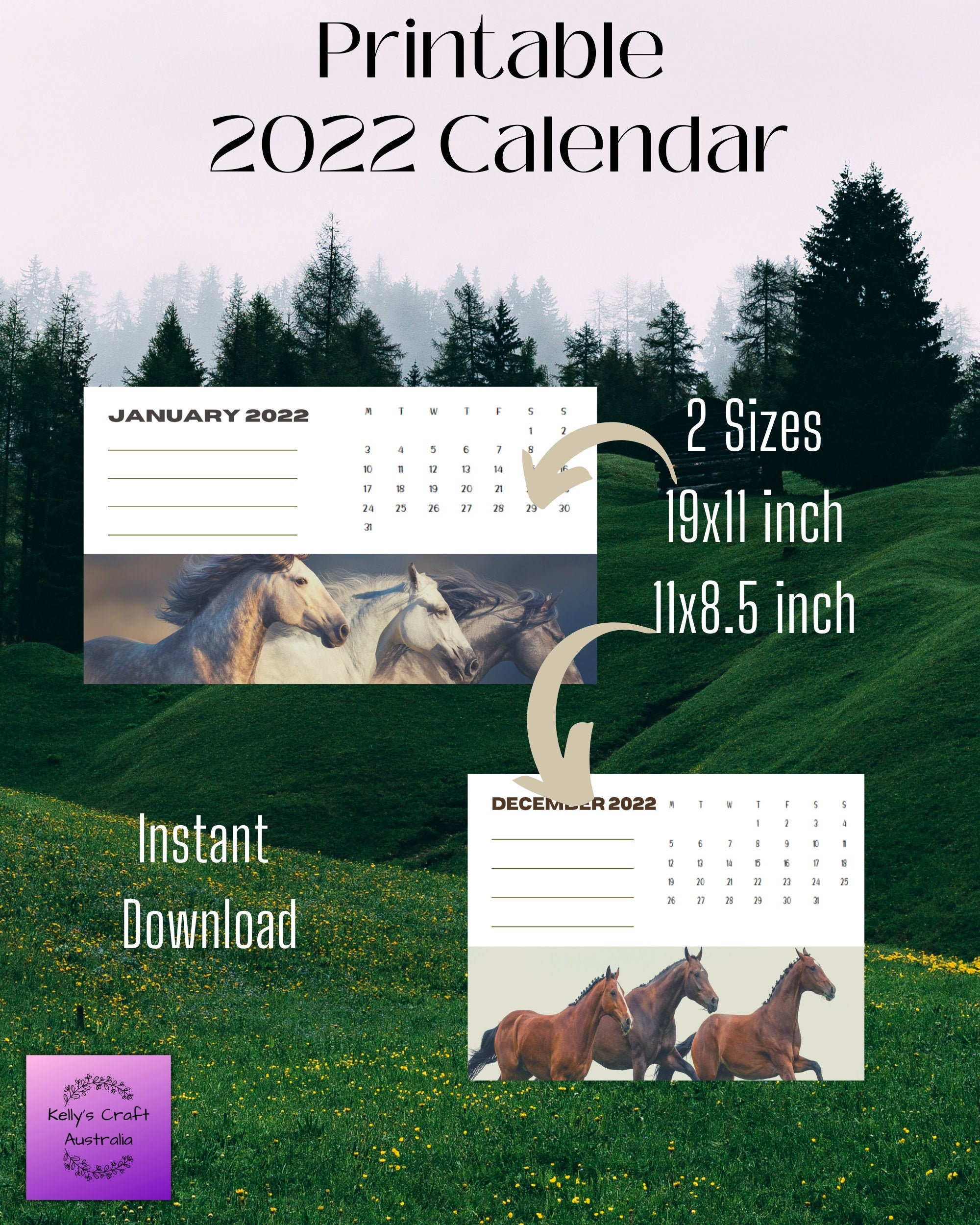 printable 2022 horses theme calendar instant download pdf etsy