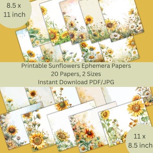 Printable Sunflowers Paper Pack, 20 Scrapbook Junk Journal Background Papers, landscape and portrait, Instant Download PDF/JPG