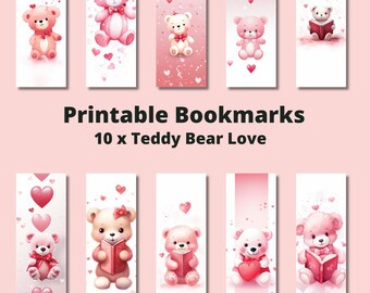 Printable 10 x Teddy Bear Love Bookmarks, Instant Download PDF/PNG