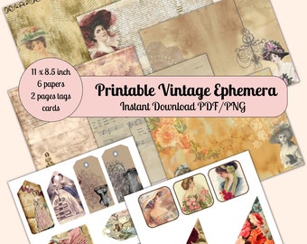 Printable Vintage Pages & Tags, Junk Journal, Scrapbook Ephemera,  Instant Download PDF/JPG