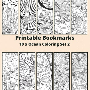 Printable 10 x Ocean Coloring Themed Bookmarks Set 2, Mermaids and Shells, Instant Download PDF