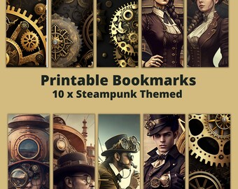 May include: Ten printable bookmarks featuring steampunk themed designs. The bookmarks feature intricate gears, clockwork, and characters in steampunk attire.