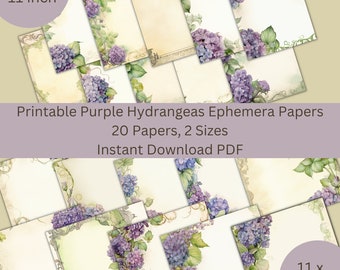 Printable Purple Hydrangeas Paper Pack, 20 Scrapbook Junk Journal Background Papers in both landscape and portrait, Instant Download PDF/JPG