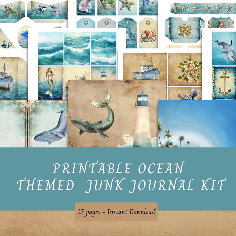 Printable Ocean Theme Junk Journal Kit, 27 Pages, Book Cover, Papers ...