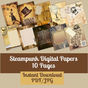 Steampunk Theme Digital Papers, Junk Journal Printables, 10 pages, Digital Download, 8.5 x 11 inch