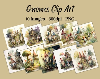 Watercolor Gnomes Clip Art, 10 png images, 300 dpi