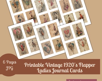 Do druku karty do dziennika z motywem lat 20. XX wieku w stylu flapper ladies, papierowe ozdoby do dziennika, scrapbooking, cyfrowe pamiątki, natychmiastowe pobieranie jpg