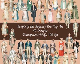 Clipart med människor från regencyeran, 40 transparenta png-bilder, 300 dpi, direktnedladdning