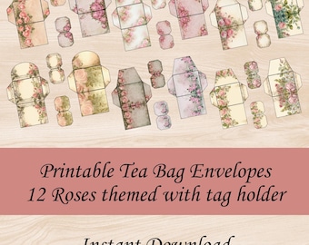 Afdrukbare rozen theezakje enveloppen, theezakje wrapper, junk journal versiering, Instant Download JPG