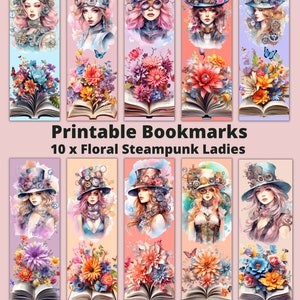 Printable 10 x Floral Steampunk Ladies Bookmarks, Instant Download PDF