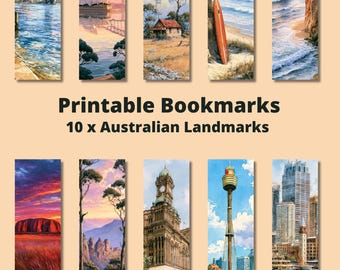 May include: Ten printable bookmarks featuring illustrations of Australian landmarks, including the Sydney Harbour Bridge, Opera House, Twelve Apostles, and Uluru. The text reads Printable Bookmarks 10 x Australian Landmarks and Instant Download.