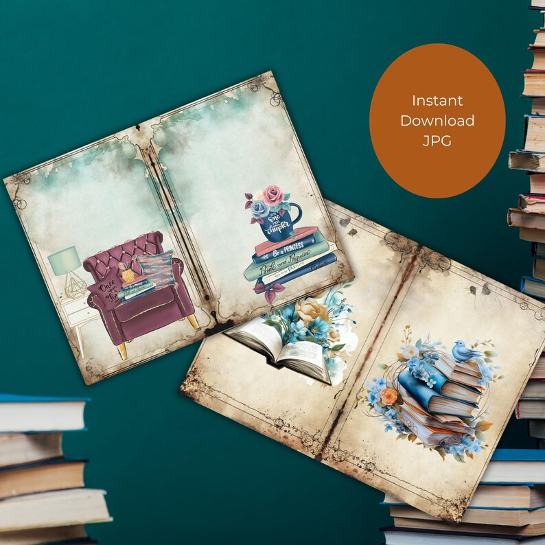 Printable Book Themed Junk Journal Kit, 27 Pages, Book Cover, Papers ...